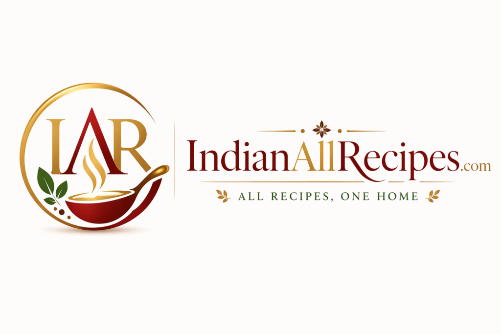 Premium IndianAllRecipes.com logo featuring elegant “IAR” initials with a bowl and steam icon in gold, deep red, and green accents on a clean background.